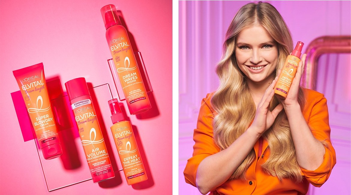 Elvital Dream Length Produktreihe & eine Frau mit Hitzeschutzspray